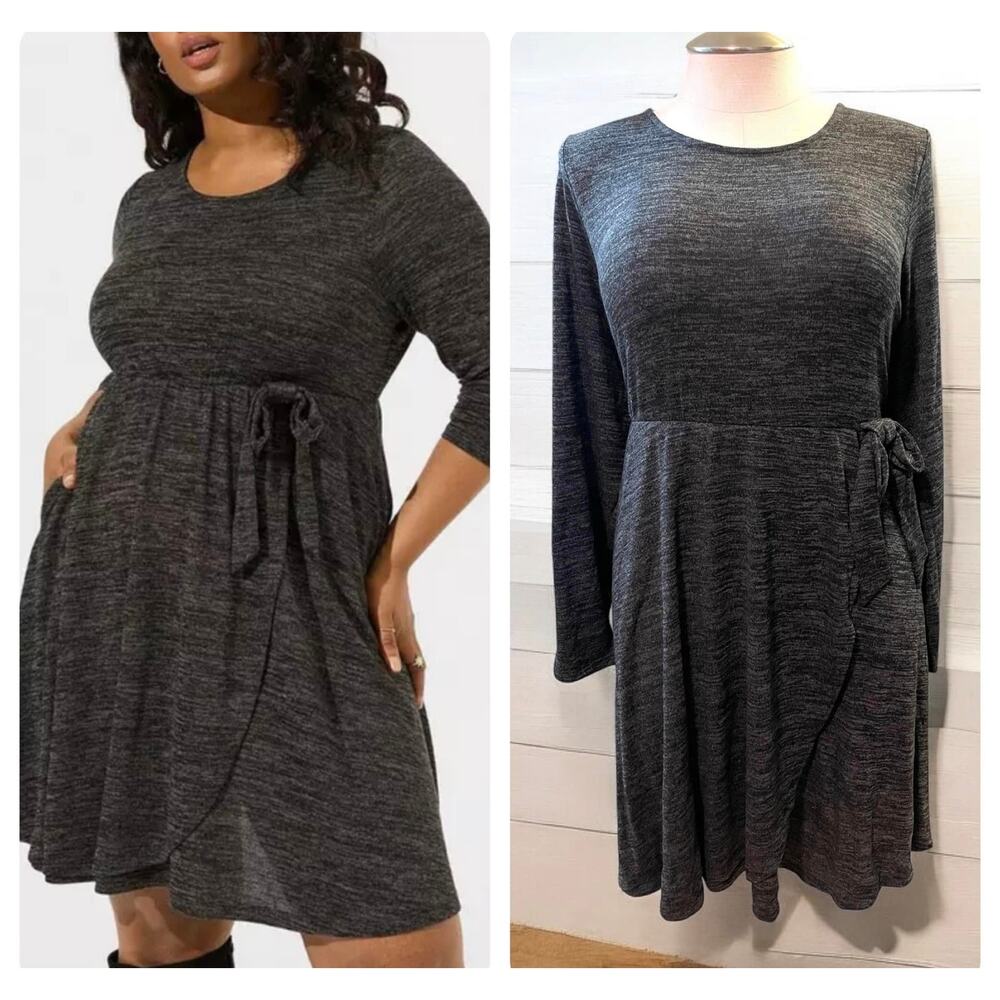 Torrid Plus Size 2 Super Soft Plush Hacci Faux Wrap Dark Gray Long Sleeve Dress